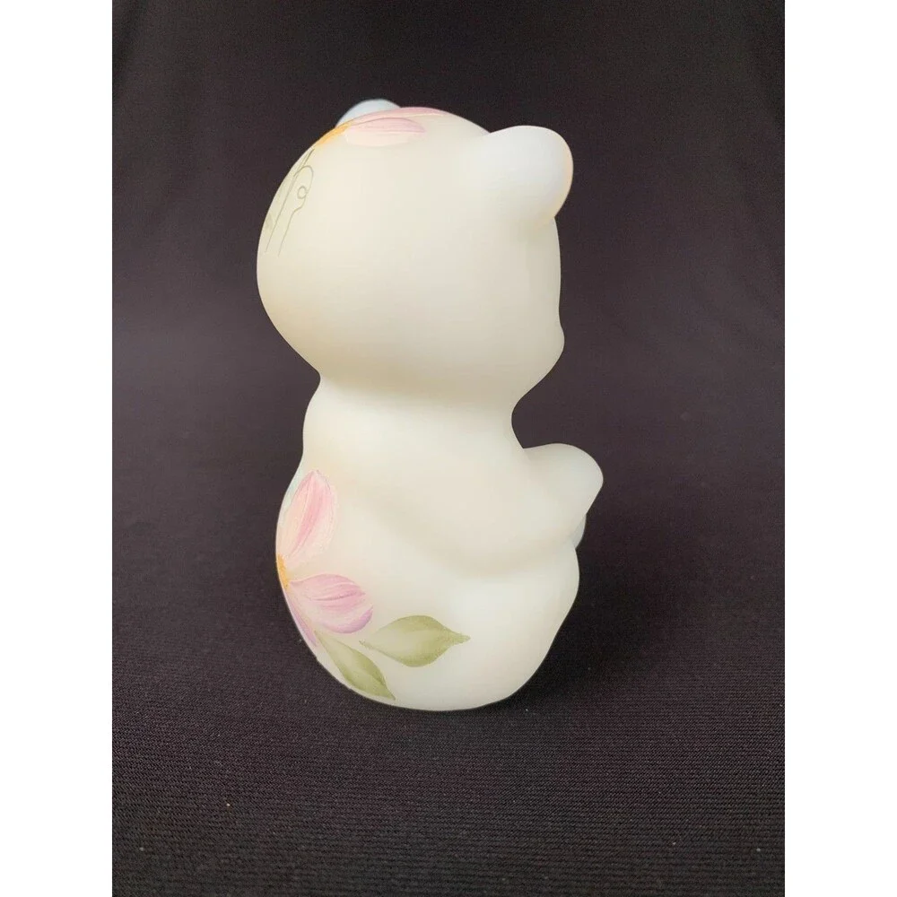 Vintage Fenton Glass Bear White Satin 2 Rhinestones 3.50” Figurine Hand Painted
